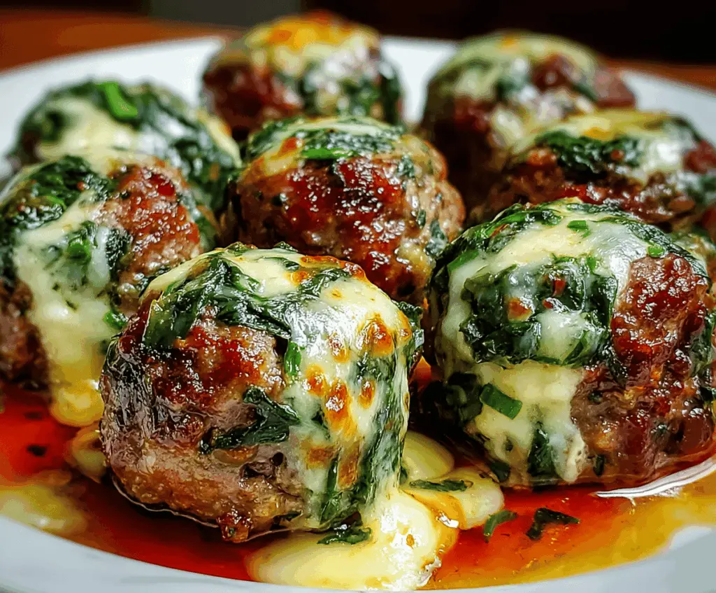 Delicious spinach and garlic meatballs stuffed with melting mozzarella cheese on a plate.
