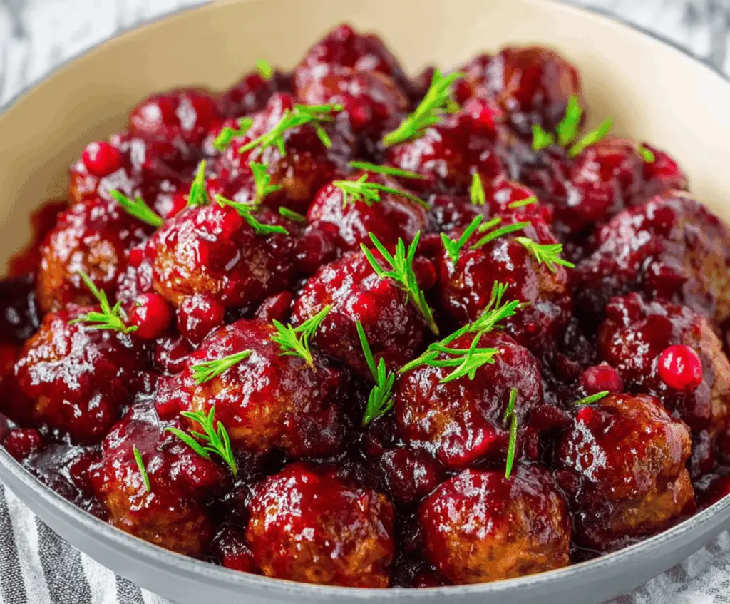 Delicious sweet and savory cranberry meatballs served as a festive appetizer.