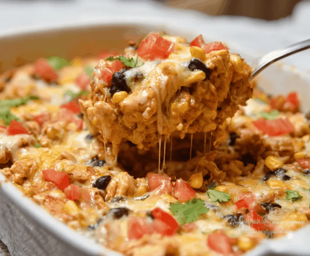 Delicious Tex-Mex Chicken Casserole with melted cheese, seasoned chicken, and vibrant vegetables in a baking dish.