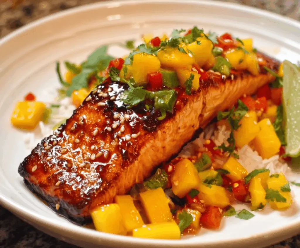 Delicious Mango Teriyaki Salmon fillet garnished with fresh mango slices and green herbs.