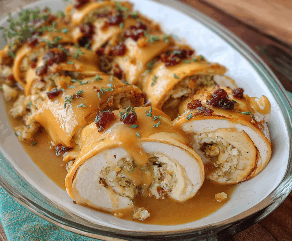 Delicious Turkey and Stuffing Roll Ups with Creamy Gravy on a plate, garnished with herbs.