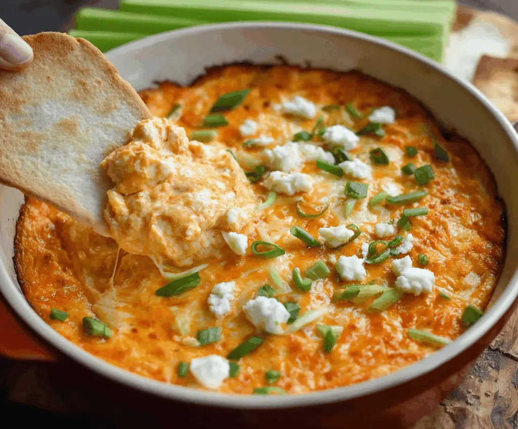 Creamy Buffalo Chicken Dip served in a bowl with celery sticks and chips, perfect for parties