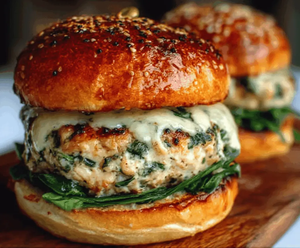 Homemade white cheddar and spinach chicken burgers on a plate, garnished with fresh herbs.