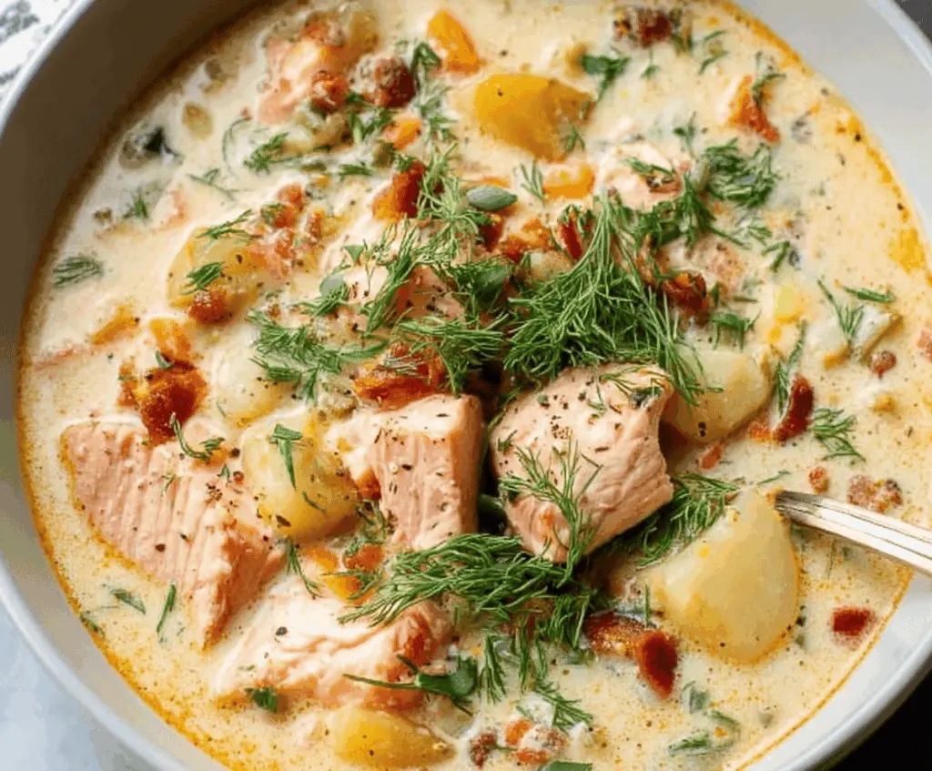 Creamy wild salmon chowder in a rustic bowl topped with fresh herbs, perfect for a cozy meal.