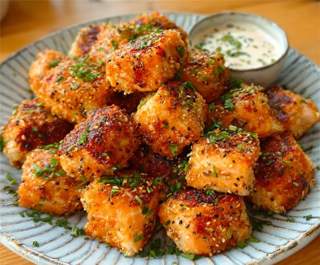Crispy Air Fryer Salmon Bites served with lemon wedges on a white plate.