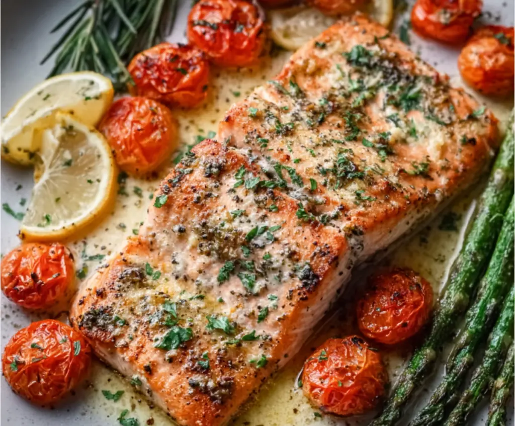 Delicious baked Boursin salmon served with fresh herbs on a white plate.
