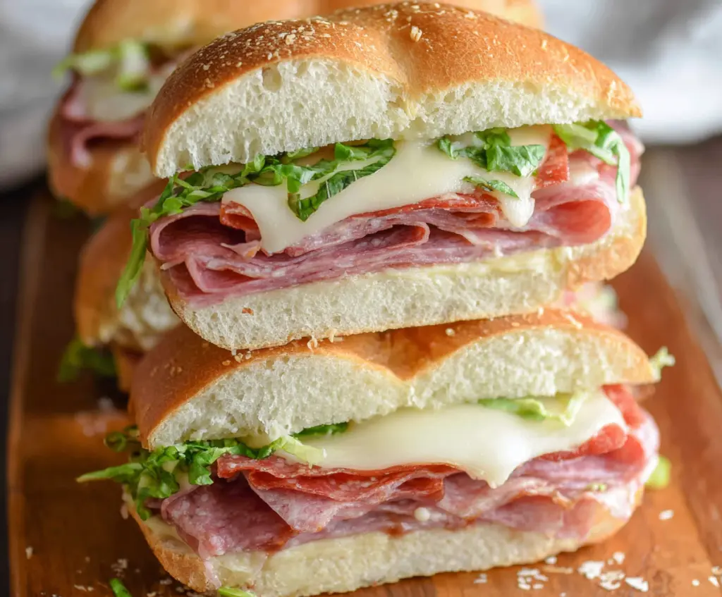 Delicious baked Italian sub sandwiches with melted cheese and Italian cold cuts