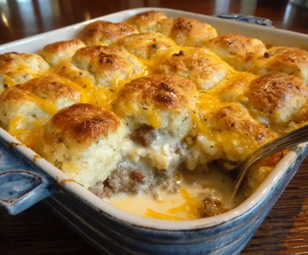 Delicious Biscuits and Gravy Breakfast Casserole with fluffy biscuits, creamy gravy, and breakfast toppings on a white plate.