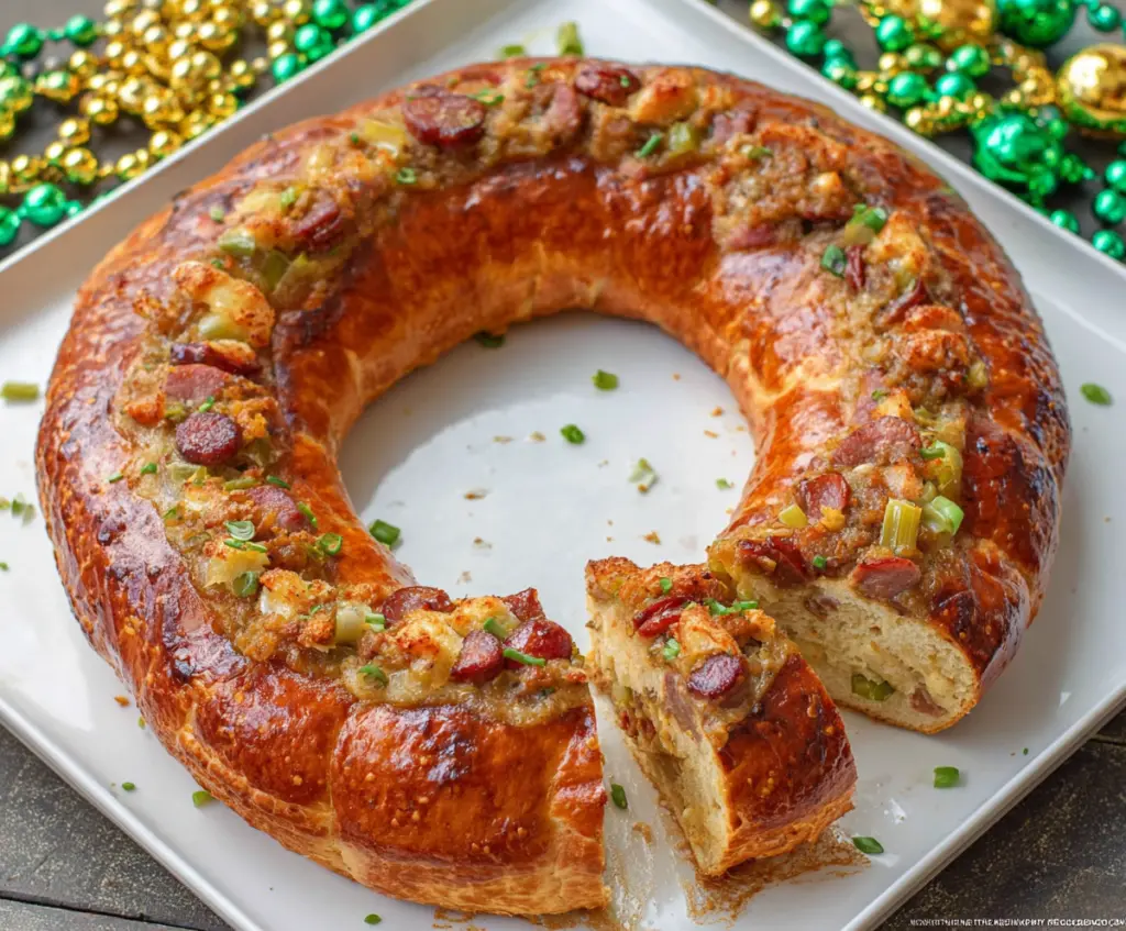 Delicious Boudin King Cake with colorful icing and Mardi Gras decorations, perfect for celebrations