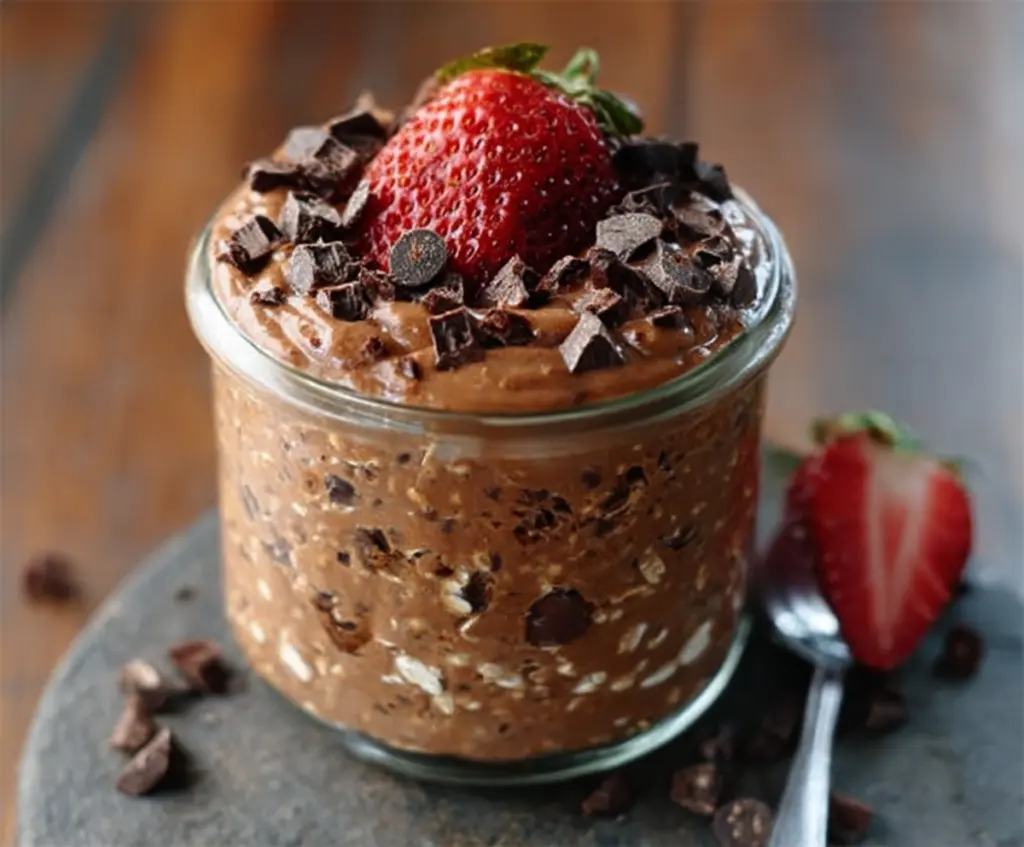 Creamy brownie batter overnight oats topped with chocolate shavings and fresh berries in a glass jar.