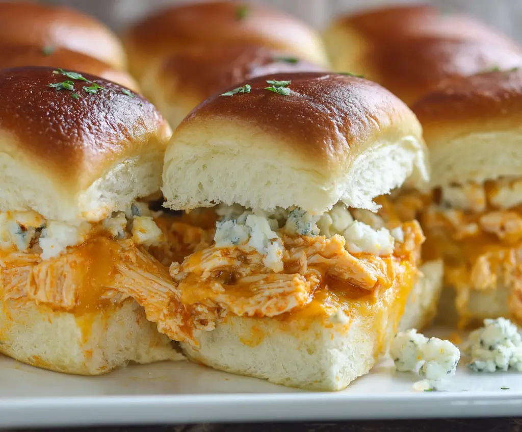 Delicious Buffalo Chicken Sliders topped with blue cheese and fresh celery on a platter.