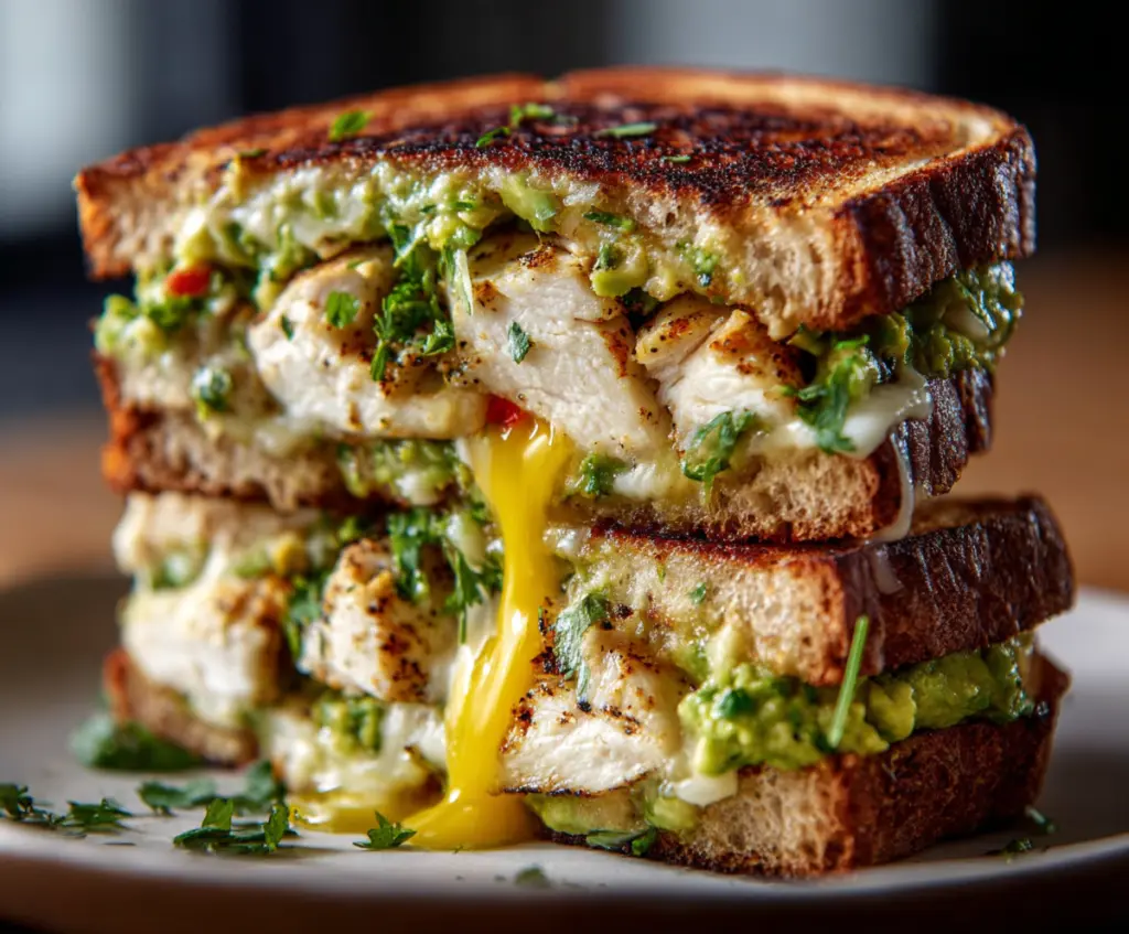 Delicious Chicken Avocado Melt Sandwich with melted cheese and fresh avocado slices