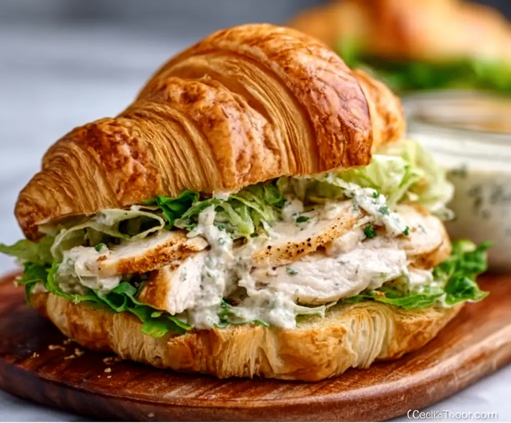 Delicious Chicken Caesar Croissant Sandwich with crispy lettuce and creamy dressing, perfect for a quick lunch.