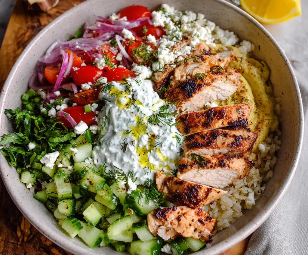 Fresh Chicken Tzatziki Bowl with creamy yogurt sauce, cucumbers, tomatoes, and herbs served in a vibrant bowl.