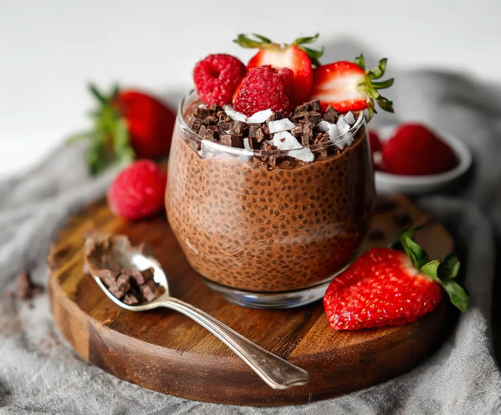 Delicious chocolate chia pudding in a glass bowl topped with fresh berries and a sprig of mint.