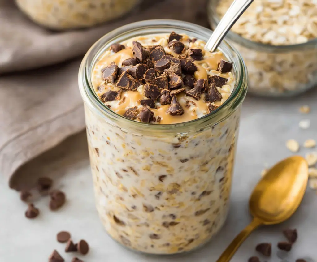 Creamy overnight oats topped with cookie dough chunks for a delicious breakfast treat.