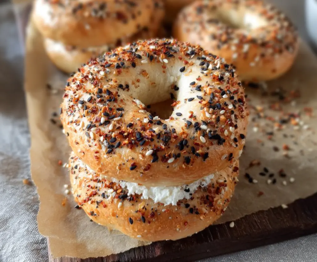 Close-up of cozy fluffy Greek yogurt bagels on a plate, showcasing their golden crust and soft interior.