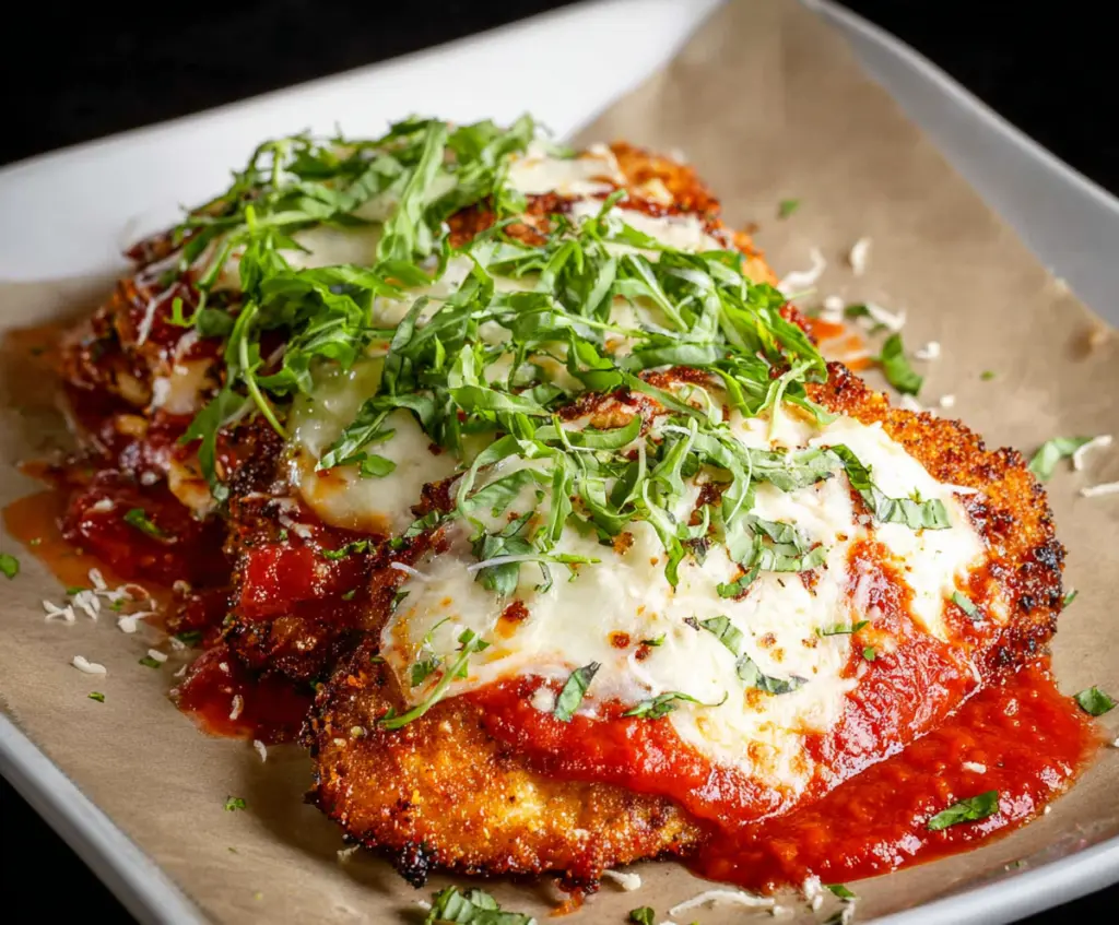 Golden crispy chicken parmigiana topped with melted cheese and marinara sauce, served on a plate