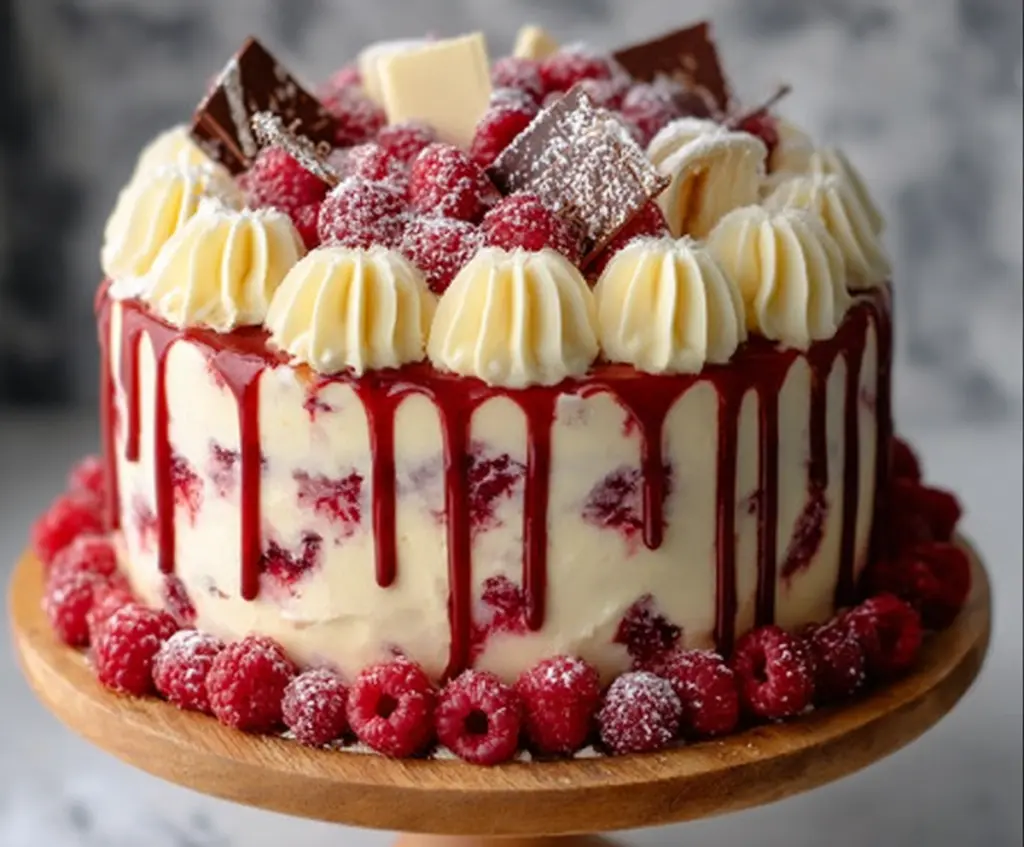 Slices of decadent white chocolate raspberry dream cake topped with fresh raspberries and white chocolate shavings.