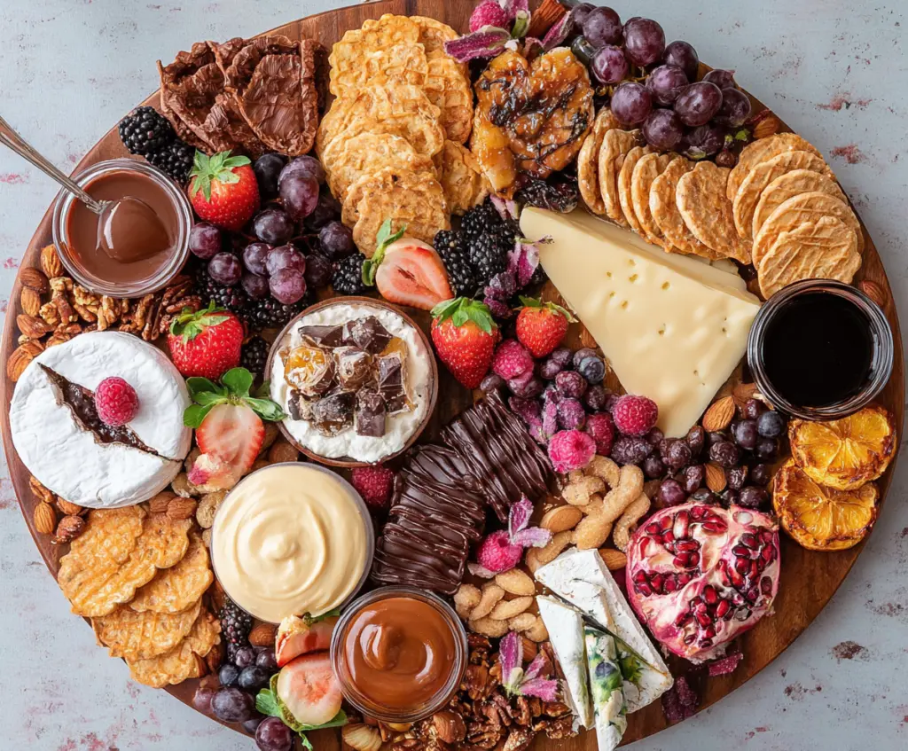 Elegant dessert charcuterie board featuring chocolates, fruits, and assorted sweets for a glamorous treat