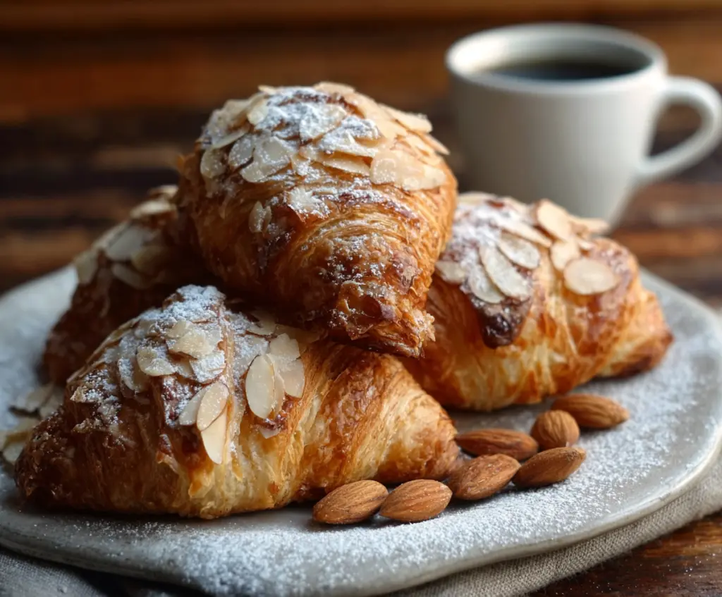 Delicious homemade almond croissants with flaky pastry and almond filling perfect for breakfast or snack.