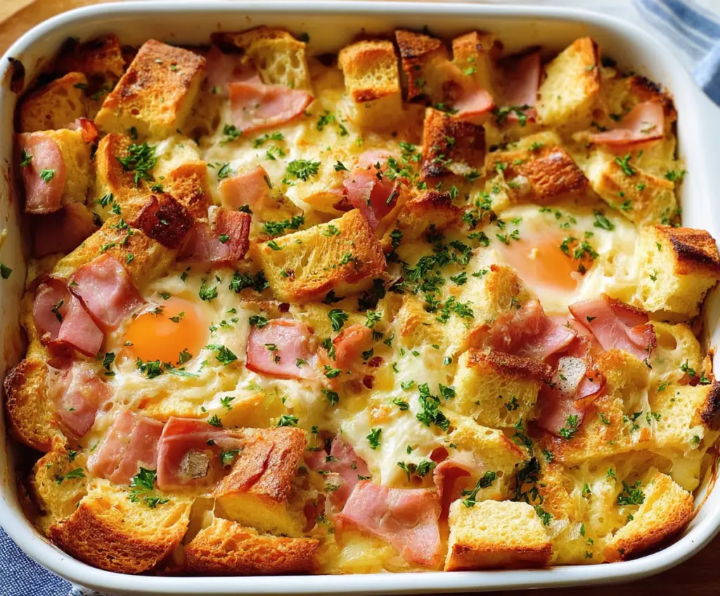 Delicious Eggs Benedict casserole served for breakfast with crispy bacon and fresh herbs.