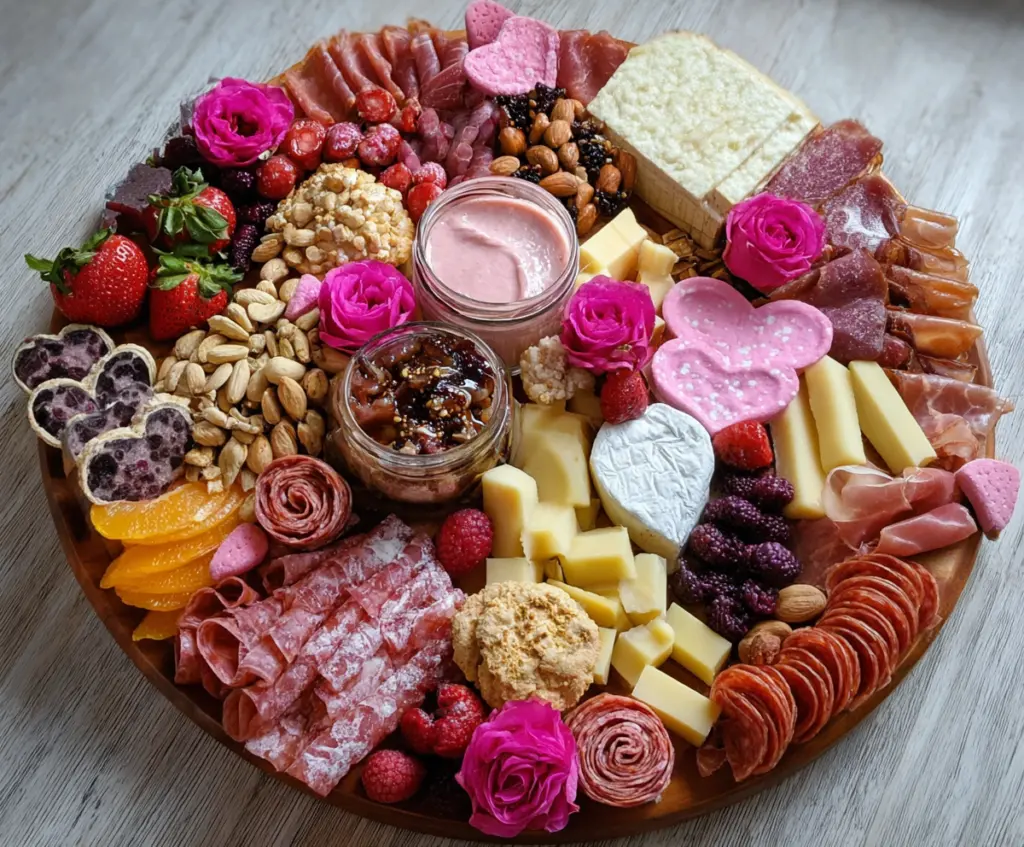 Colorful Galentine’s Day charcuterie board with cheeses, cured meats, fruits, and festive decorations for a celebratory appetizer platter.