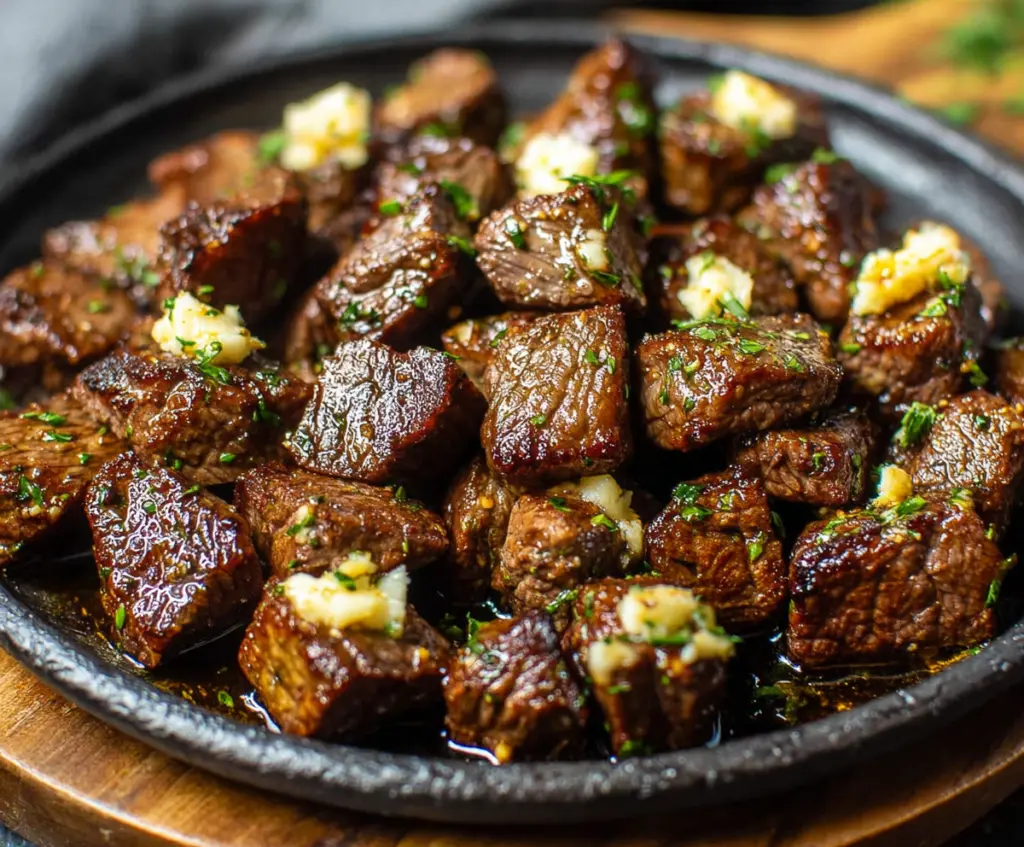 Close-up of juicy garlic butter steak bites served on a plate with herbs