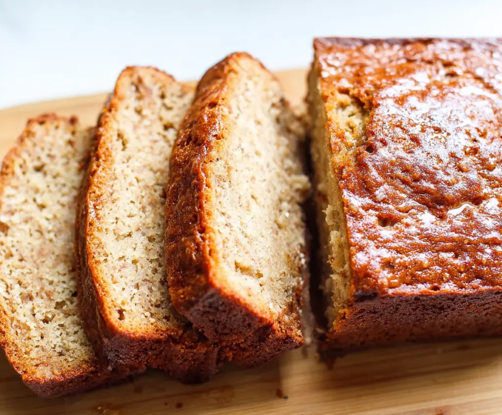 Delicious homemade Greek Yogurt Banana Bread sliced and ready to serve, with a golden crust and moist texture.