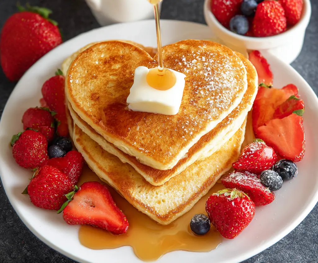 Delicious heart-shaped pancakes served on a plate with syrup and fresh berries.