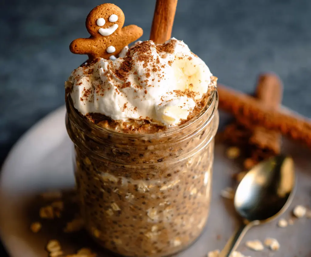 Creamy high protein gingerbread overnight oats topped with festive spices and fresh ginger for a healthy breakfast.
