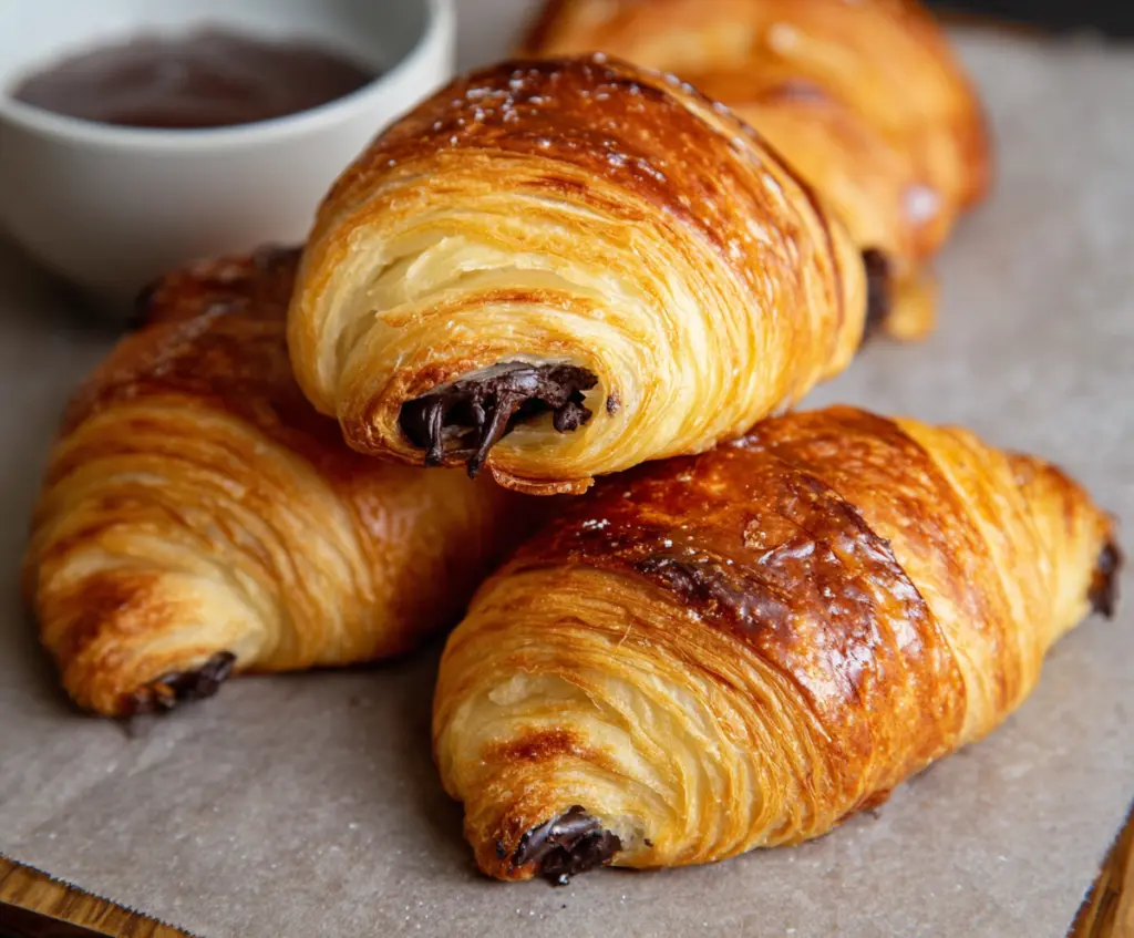 Delicious homemade chocolate croissants on a rustic wooden table, showcasing flaky layers and melted chocolate filling.
