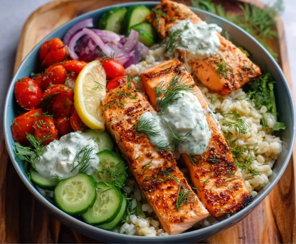 Fresh Lemon Dill Salmon Bowl with vibrant greens and grilled salmon filets for a healthy meal.