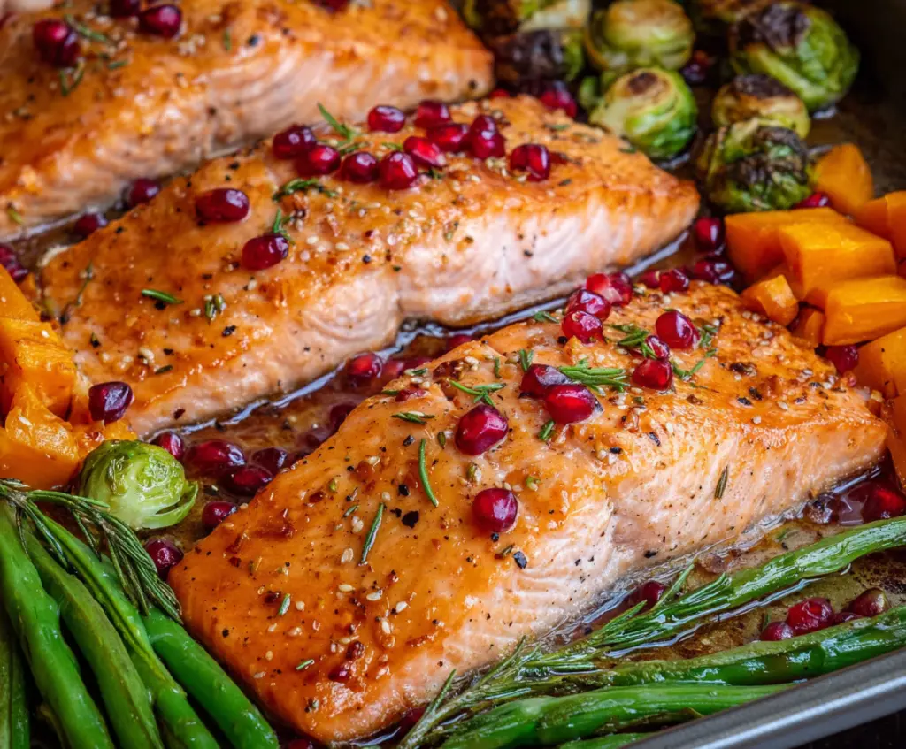 Maple glazed sheet pan salmon served with fresh vegetables on a baking sheet