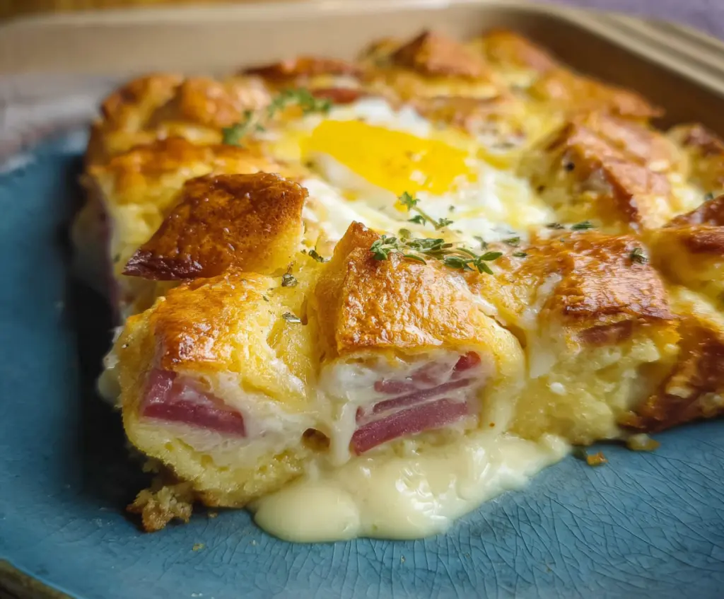 Delicious Monte Cristo Breakfast Casserole featuring layers of bread, eggs, ham, and cheese ready to serve.