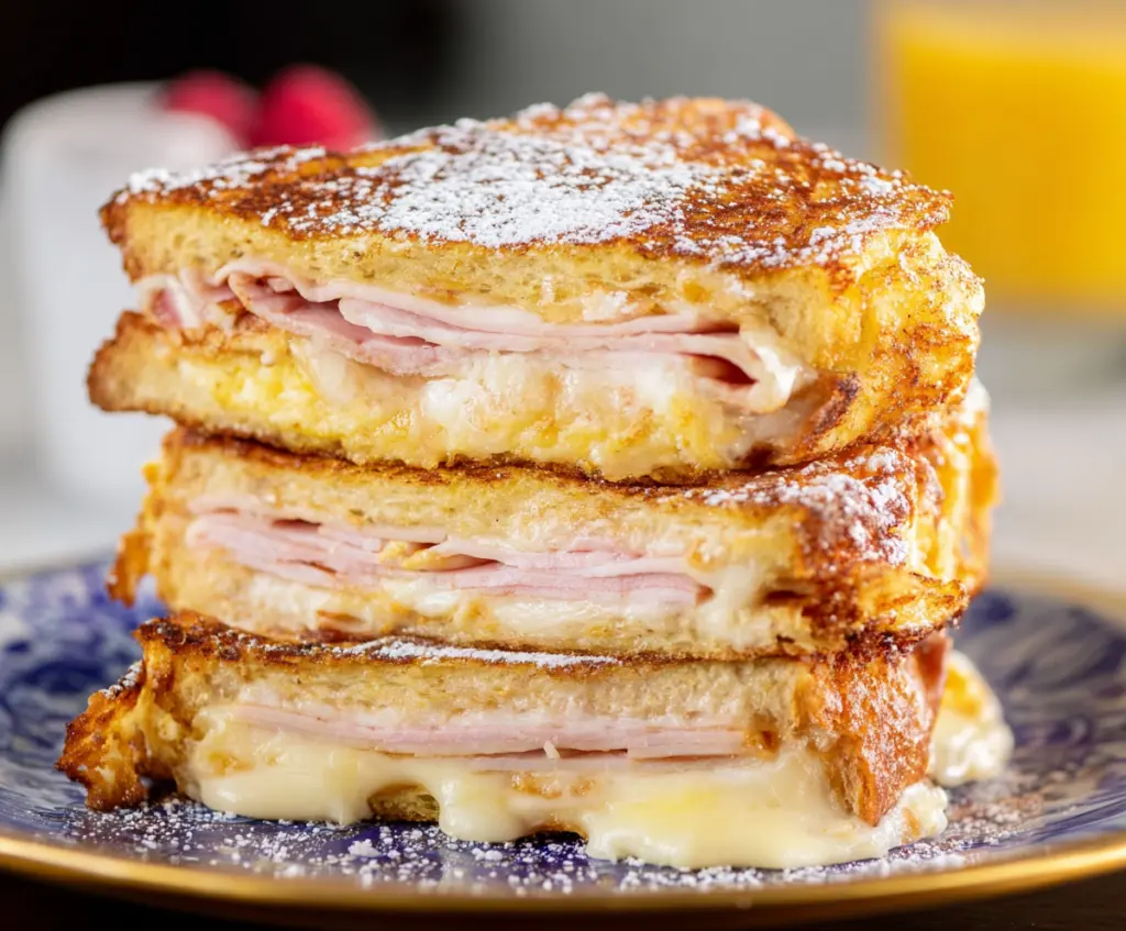 Delicious Monte Cristo Sandwich with melted cheese, ham, and turkey on toasted bread, served with fresh side salad.