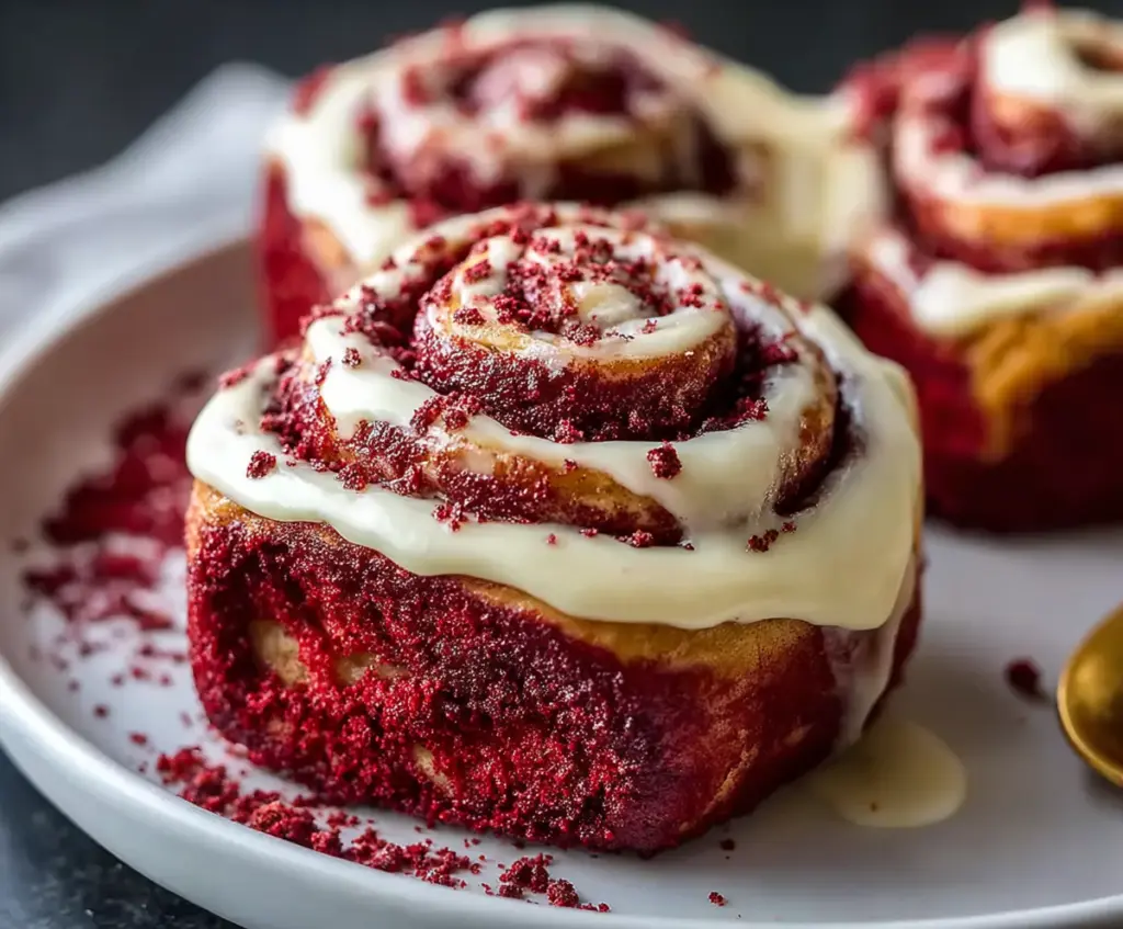 Delicious red velvet cinnamon rolls topped with cream cheese frosting, perfect for dessert or breakfast.