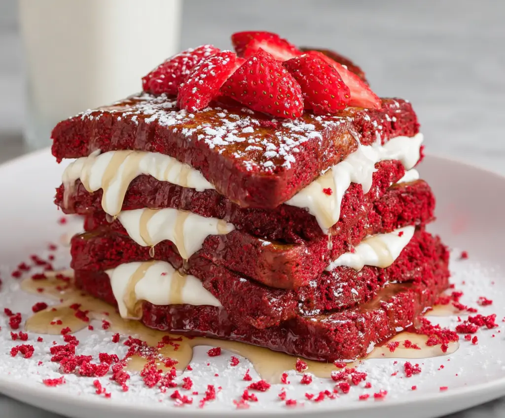 Delicious Red Velvet French Toast topped with fresh strawberries and powdered sugar for a sweet breakfast treat.