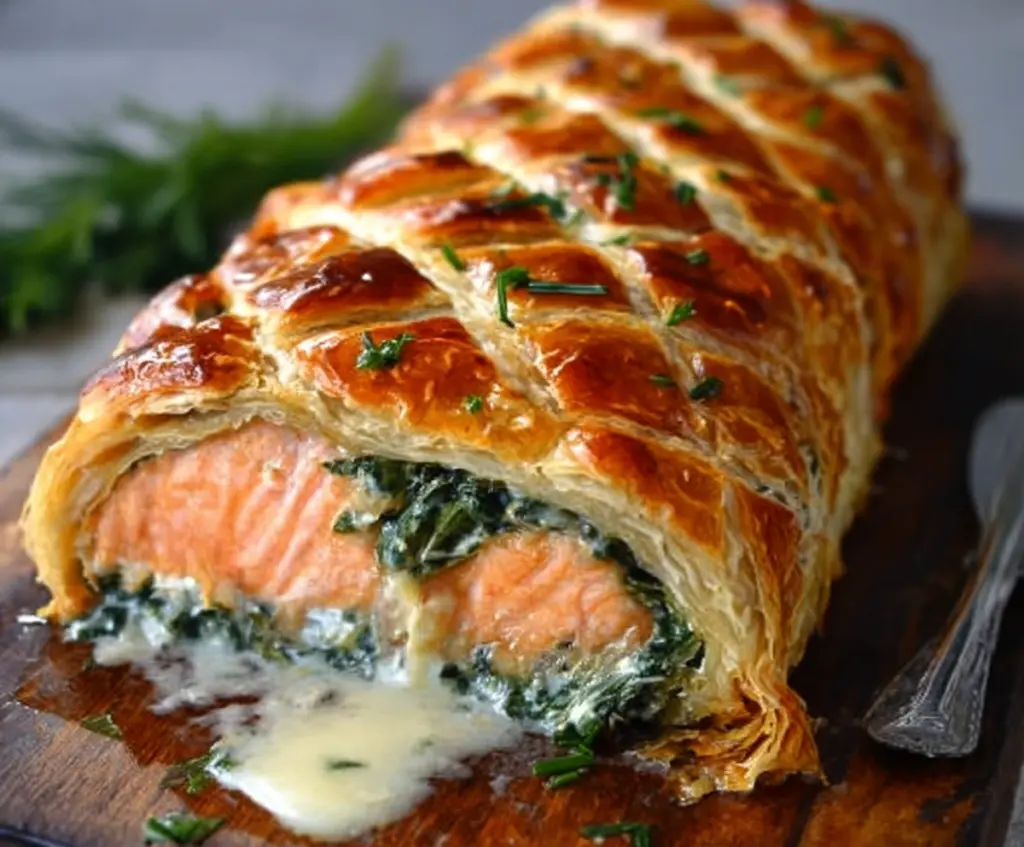 Delicious homemade salmon wellington recipe with flaky pastry and fresh salmon fillet in a baking dish.