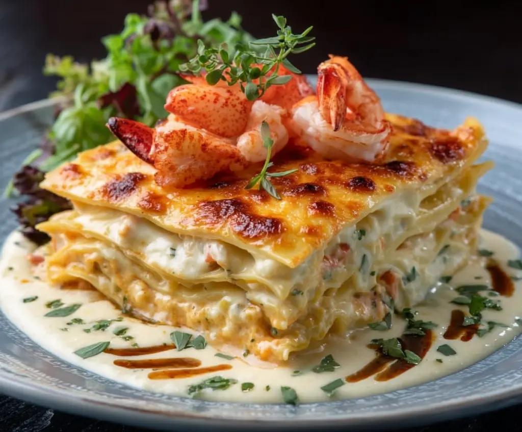 Delicious seafood lasagna with lobster and shrimp layers, garnished for a seafood lover's delight.