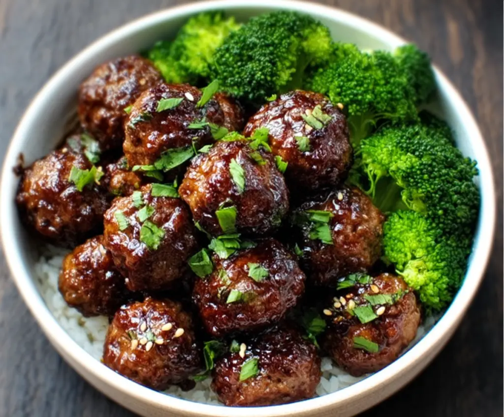 Delicious sticky Mongolian meatballs with broccoli on a plate, showcasing a savory Asian-inspired dish.