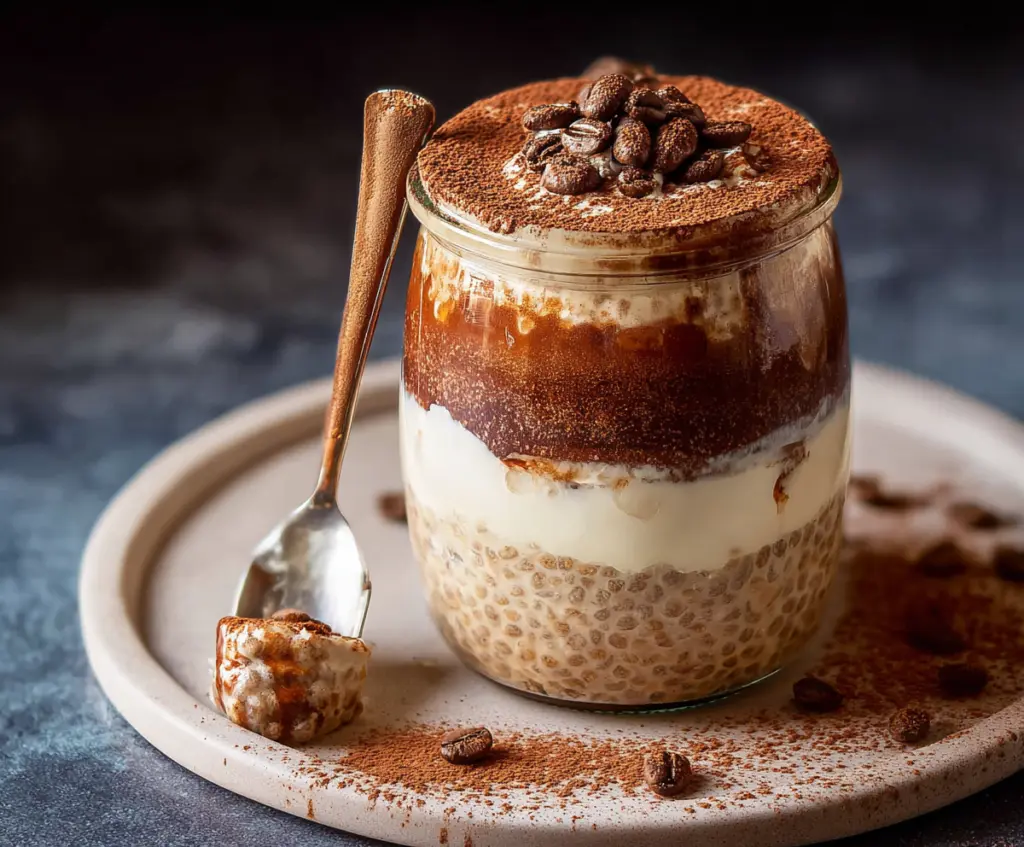 Creamy Tiramisu Overnight Oats topped with cocoa powder and mascarpone cheese for a delightful breakfast.