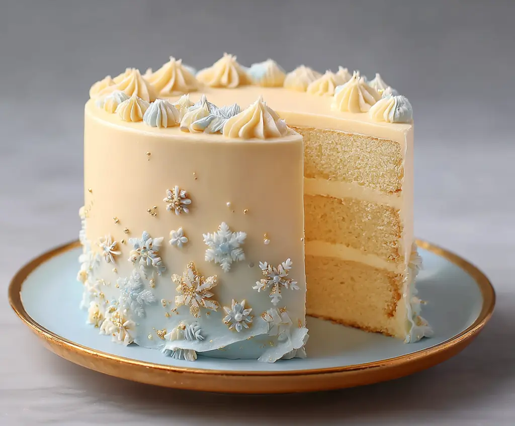 Delicious Winter Vanilla Snowflake Cake with snowy white frosting and decorative snowflake toppings.