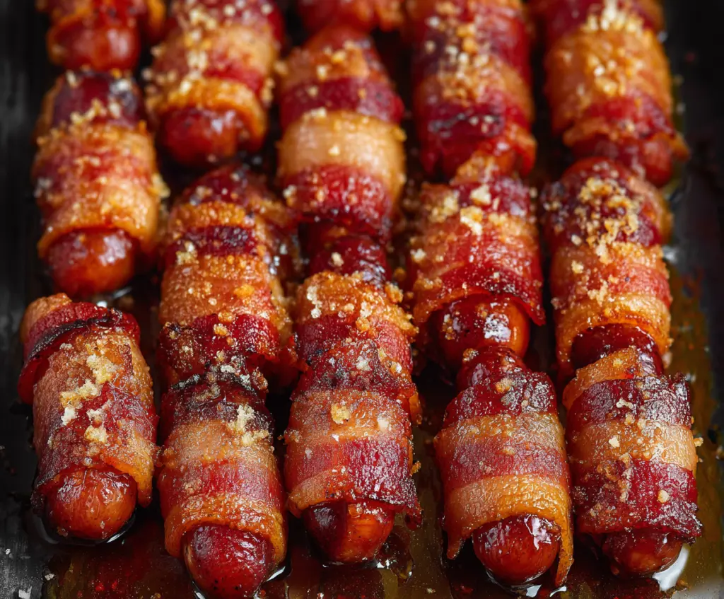 Crispy bacon wrapped Little Smokies appetizer on a serving plate.