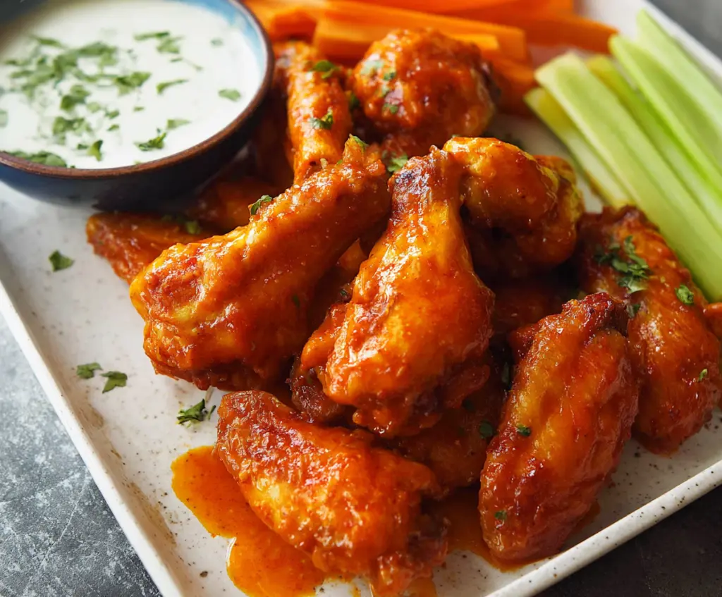 Delicious baked buffalo wings with crispy exterior and spicy buffalo sauce served on a plate.