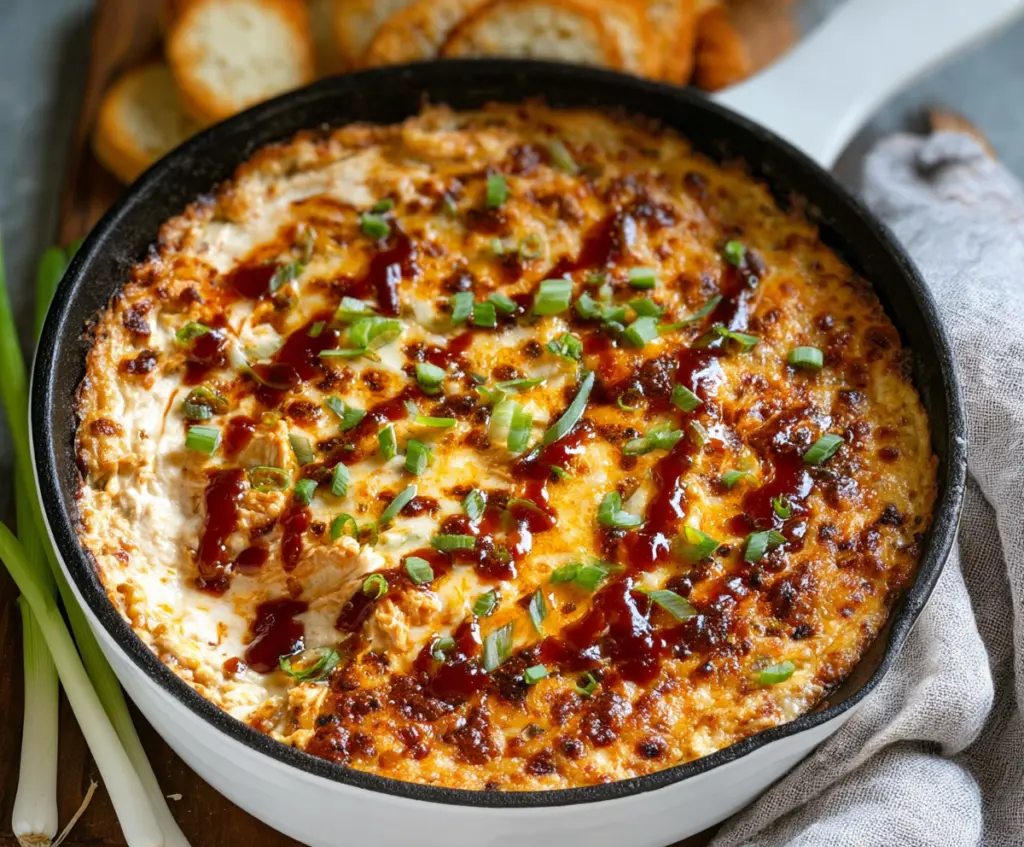 Delicious BBQ chicken dip topped with melted cheese and green onions in a serving bowl.