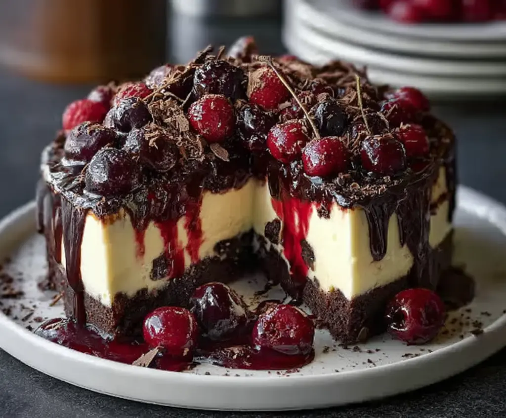 Delicious Black Forest Cheesecake with rich chocolate layers, cherries, and whipped cream topping.