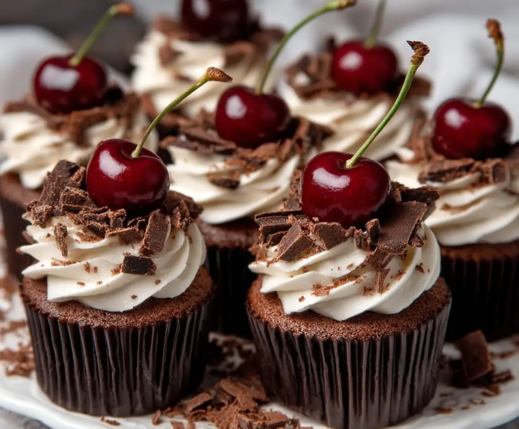 Delicious Black Forest Cupcakes topped with cherries and whipped cream, perfect for dessert.