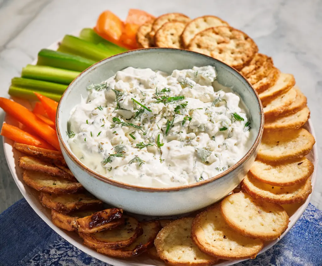 Creamy blue cheese dip served with fresh vegetable sticks for a perfect appetizer.