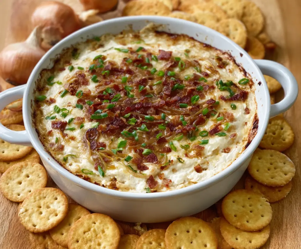Creamy caramelized onion and crispy bacon dip served with chips, perfect for parties.